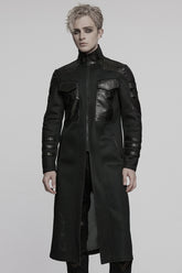 Black Stand Collar Long Sleeves Faux Leather Stitching Mesh Men's Punk Coat